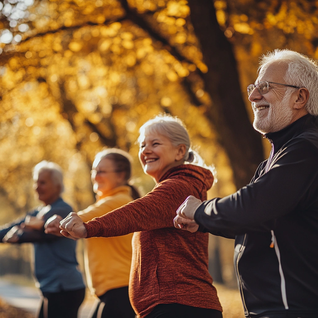 Активні люди поважного віку займаються спортом на свіжому повітрі
